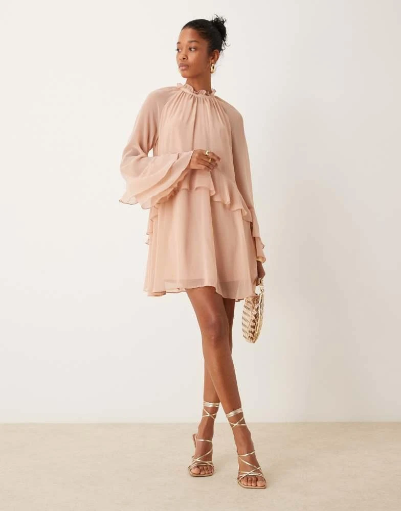 New Look New Look ruffle high neck mini dress in pale pink 2