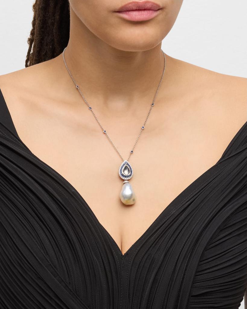 BELPEARL 18K White Gold Moonstone, Sapphire and Diamond Necklace with Pearl Pendant, 18"L