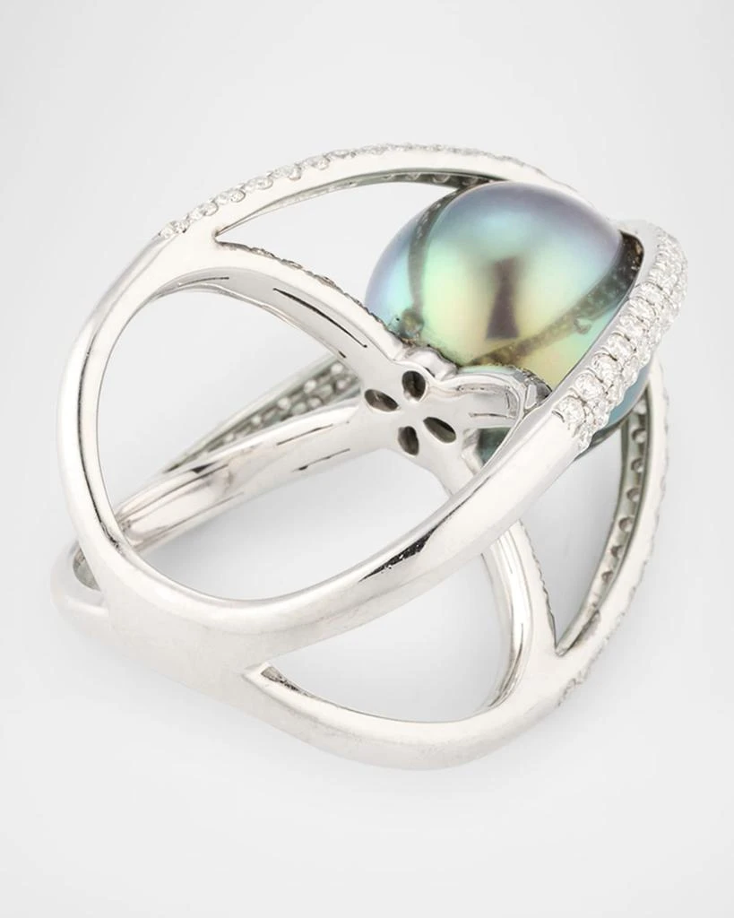 BELPEARL 18K White Gold Tahitian Pearl and Diamond Ring, Size 7 4