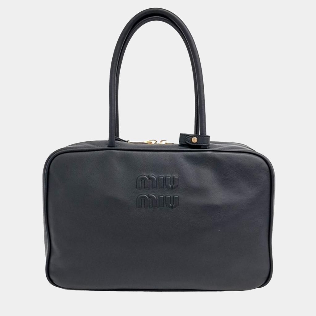 Miu Miu Miu Miu Black Leather Embossed Logo Bowling Bag - Tote