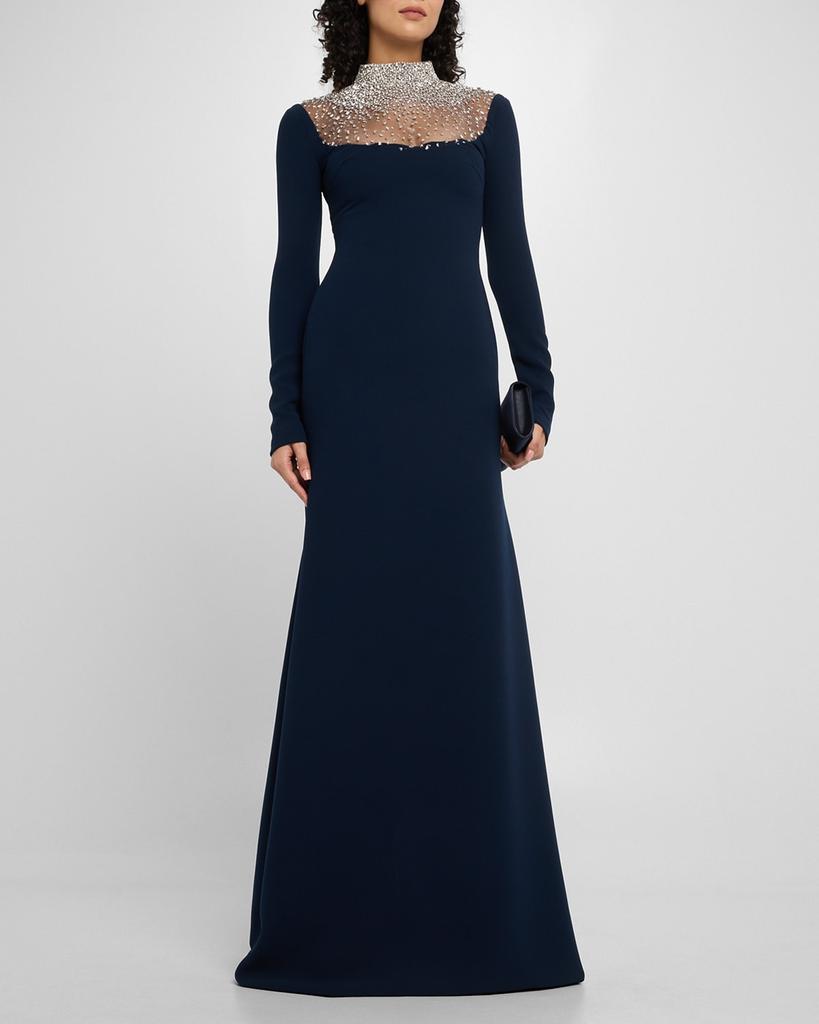 Naeem Khan Crystal Beaded Crepe Long-Sleeve Illusion Gown