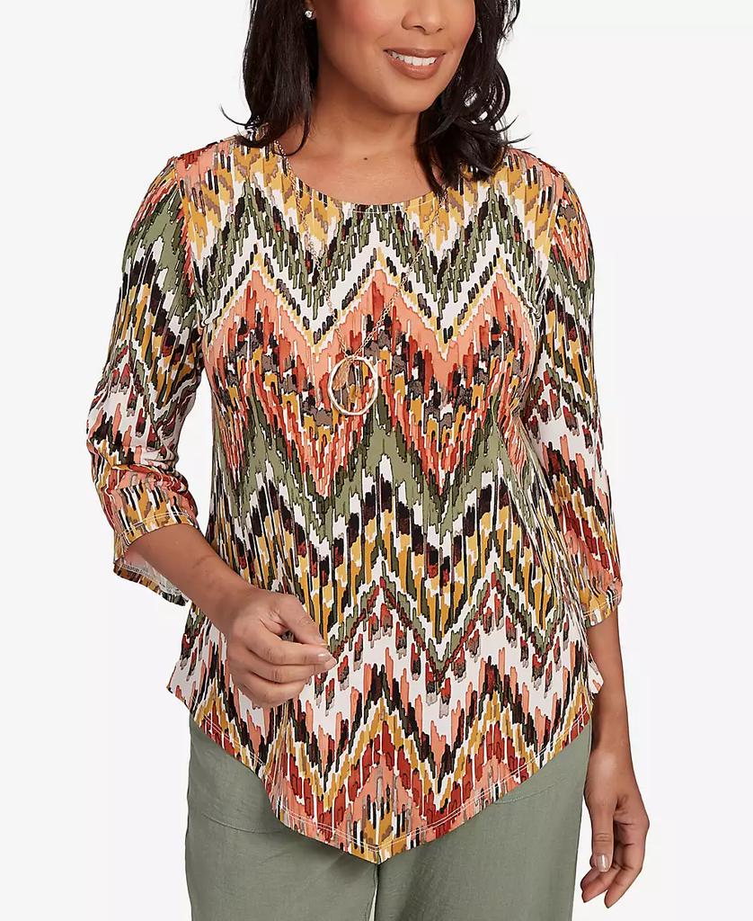 Alfred Dunner Women's Copper Canyon Ikat Chevron Top with Necklace