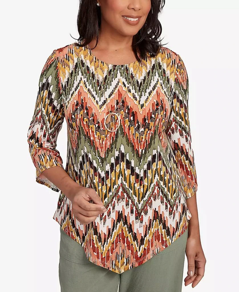 Alfred Dunner Women's Copper Canyon Ikat Chevron Top with Necklace 1