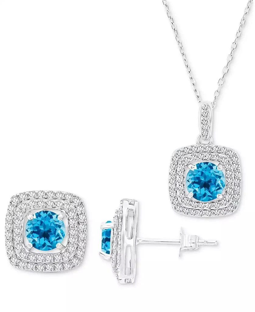 Macy's 2-Pc. Set Swiss Blue Topaz (3-5/8 ct. t.w.) & Lab-Grown White Sapphire (7/8 ct. t.w.) Square Halo Pendant Necklace & Matching Stud Earrings in Sterling Silver 1