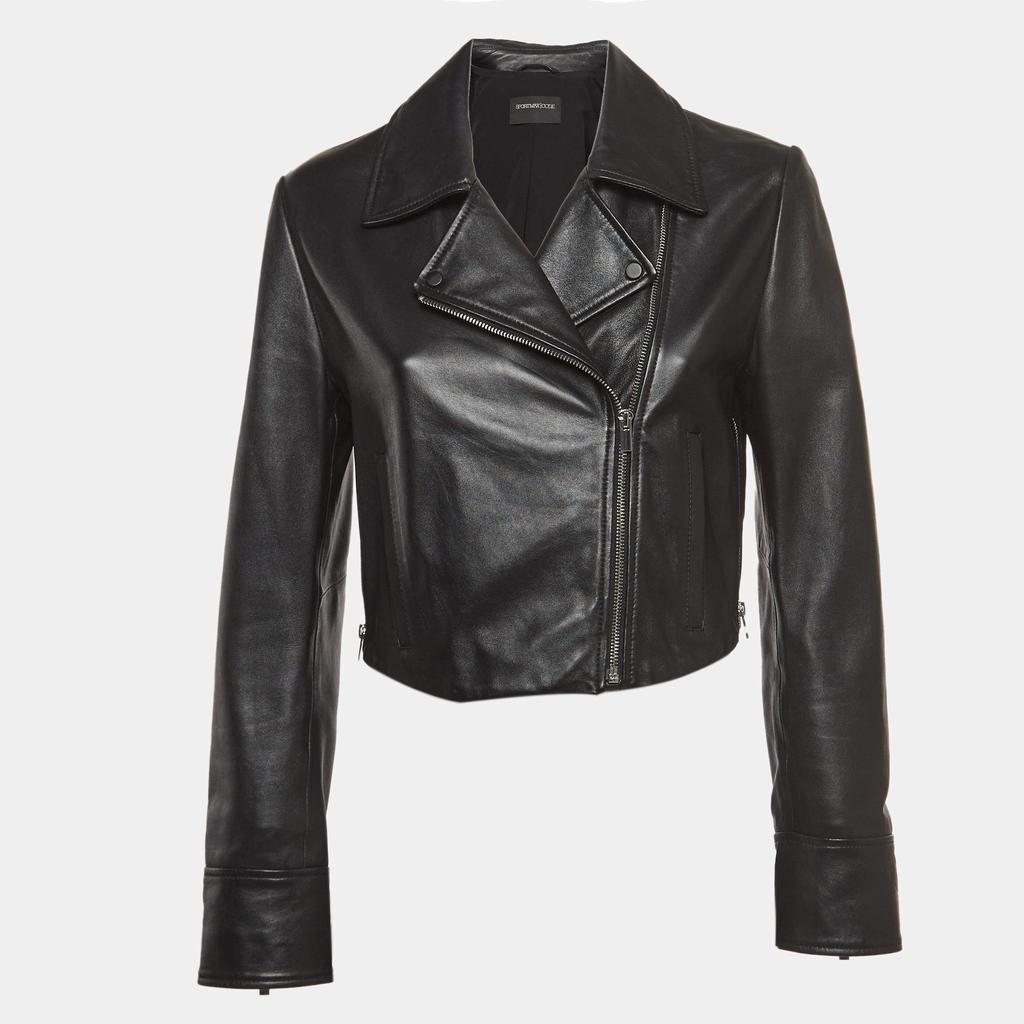 Shop Sportmax Black Leather Cropped Biker Jacket M on Sale at