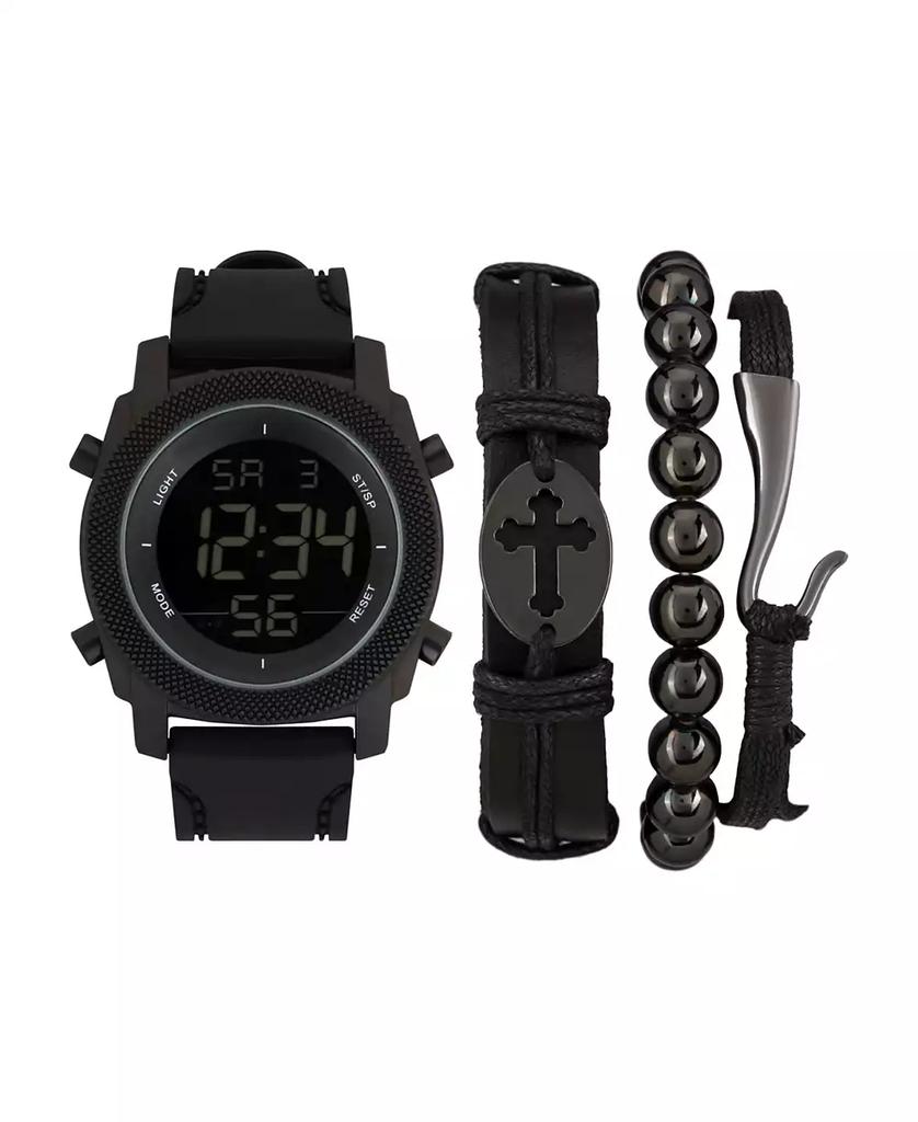 American Exchange Men's Quartz Digital Dial Black Silicone Strap Watch and Assorted Black Stackable Bracelets Gift Set, Set of 4