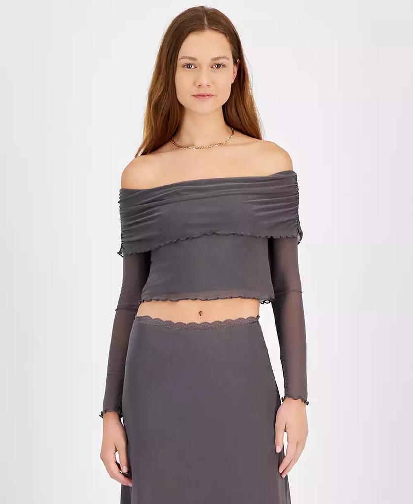 Tinseltown Juniors' Off-The-Shoulder Cropped Mesh Long Sleeve