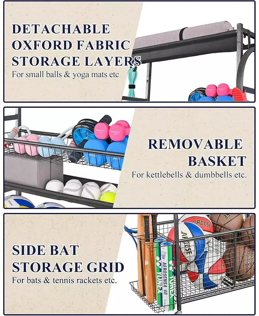 Mythinglogic Weight Capacity Sports Storage Garage Organizer for Balls Yoga Mats Multifunction Equipment Rack 3