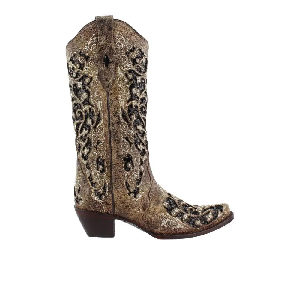 Corral Boots Sequin Tooled-Inlay Pull On Snip Toe Cowboy Boots