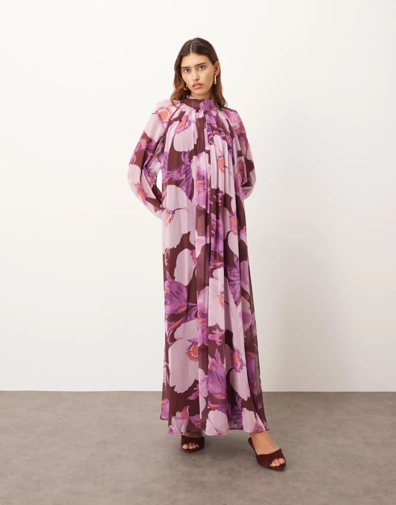 ARRANGE ARRANGE chiffon trapeze maxi dress with balloon sleeves in Burgundy Floral - Burgundy Floral - UK 18