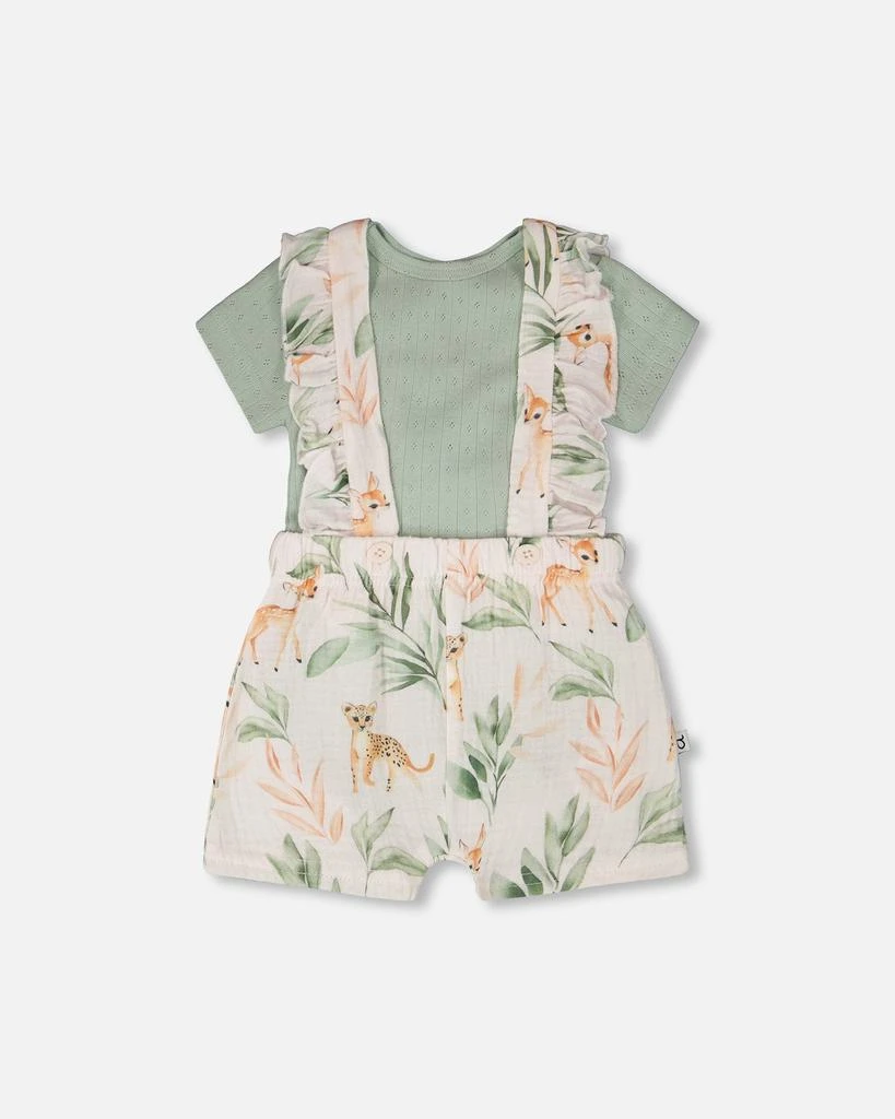 Deux par Deux Pointelle Onesie and Cotton Muslin Shortall Set Green and Peach Deer Print
