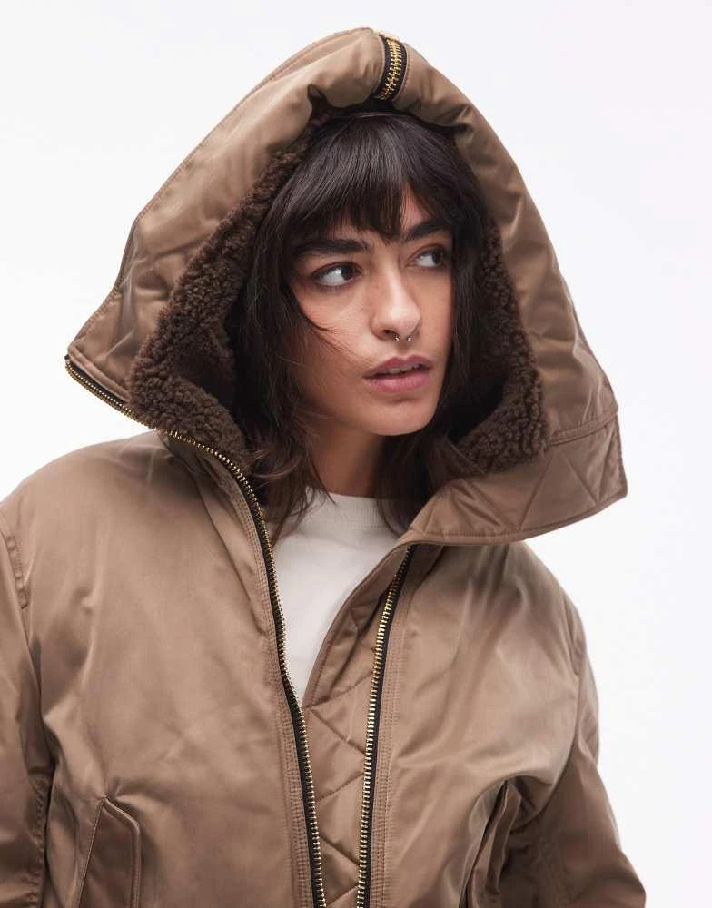 Mango Mango borg detail short puffer coat in khaki 3