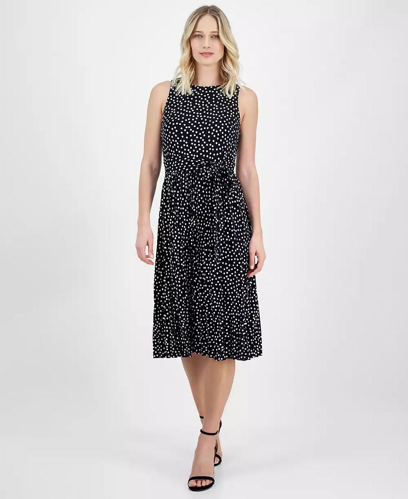 Anne Klein Women's Dot-Print Tie-Front Pleated Sleeveless Midi Dress