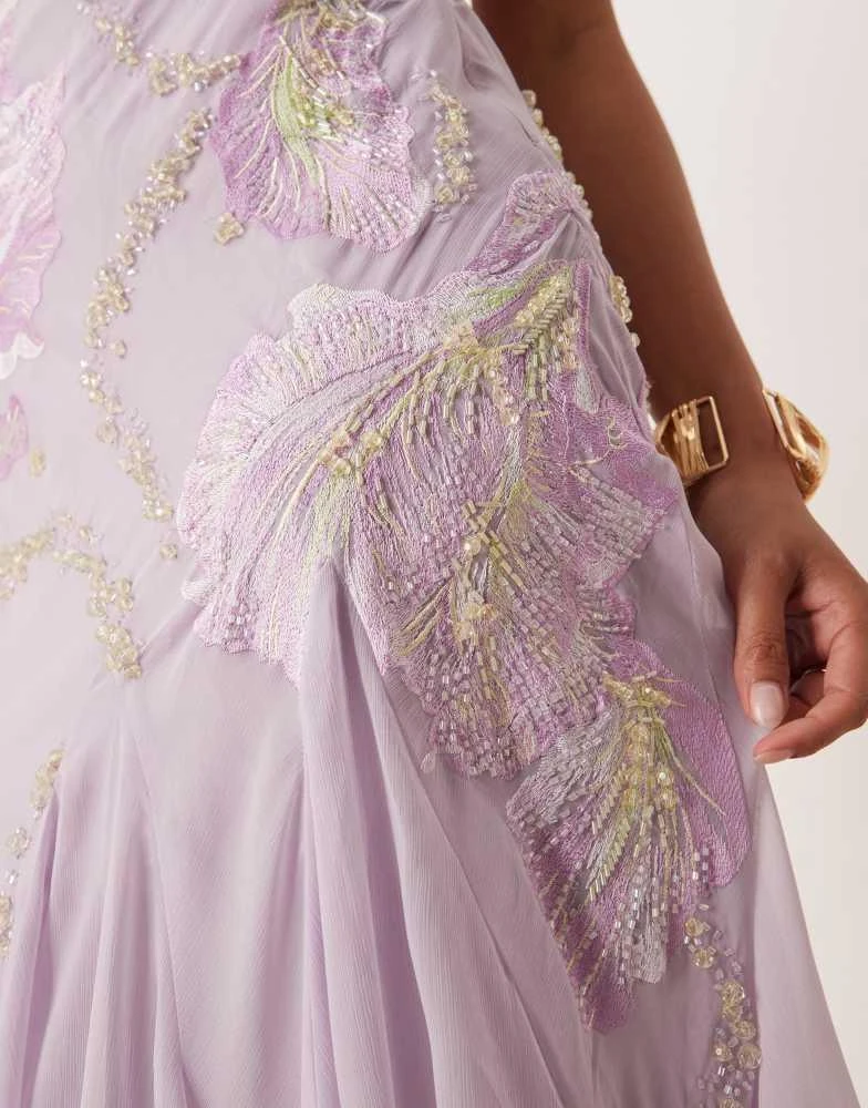 ASOS ASOS DESIGN Petite bandeau floral embellished maxi dress in lavender 4