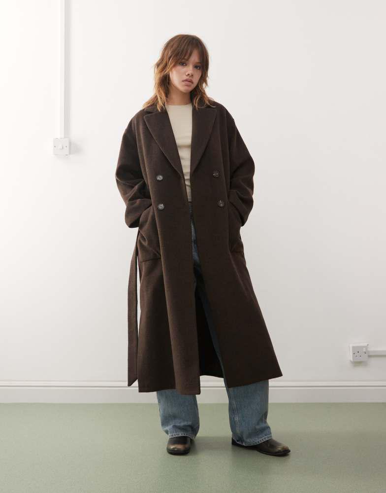 Shop Monki textured long double breasted coat in grey on