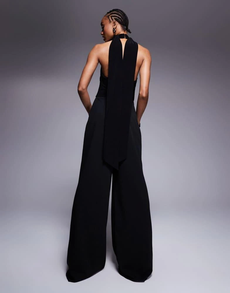 ASOS ASOS DESIGN Tall cowl fabric mix wide leg jumpsuit with tie neck in black 2