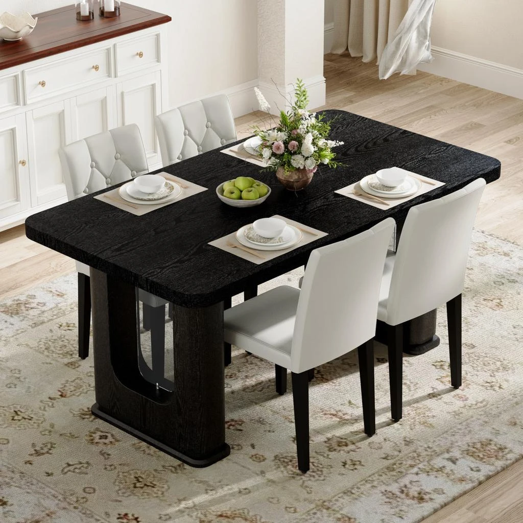 Streamdale Furniture Streamdale Stylish Black Wood Textured Dining Table and 4 White PU Chairs Set.