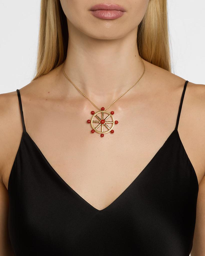 NM Estate Estate 18K Yellow Gold Coral Boat Wheel Pendant Necklace