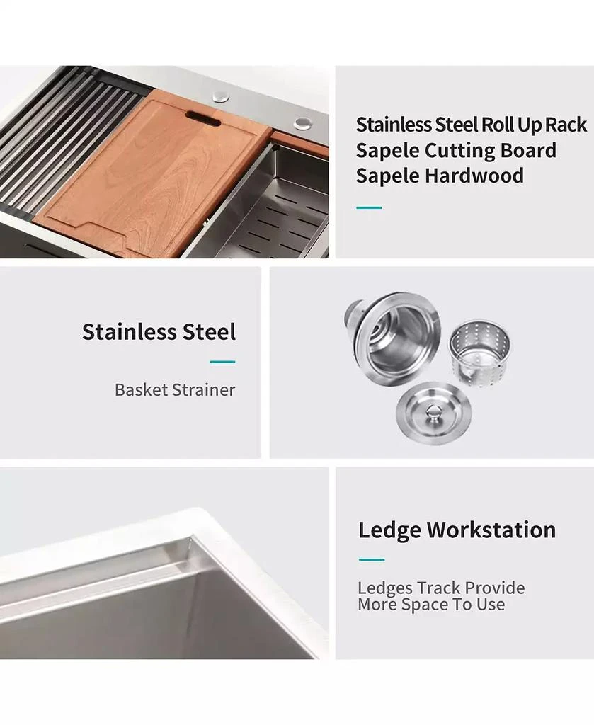 Flynama 33x22x10inch Drop In Kitchen Sink Stainless Steel Workstation Single Bowl 16 Gauge Topmount 4