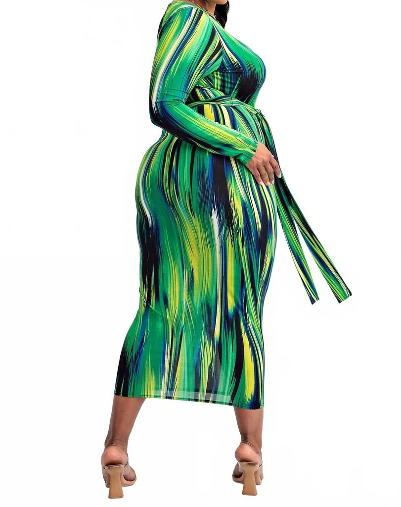 The Curve LA Plus Size Long Sleeve Midi Dress With Self-Tie Belt In Green Multi 4