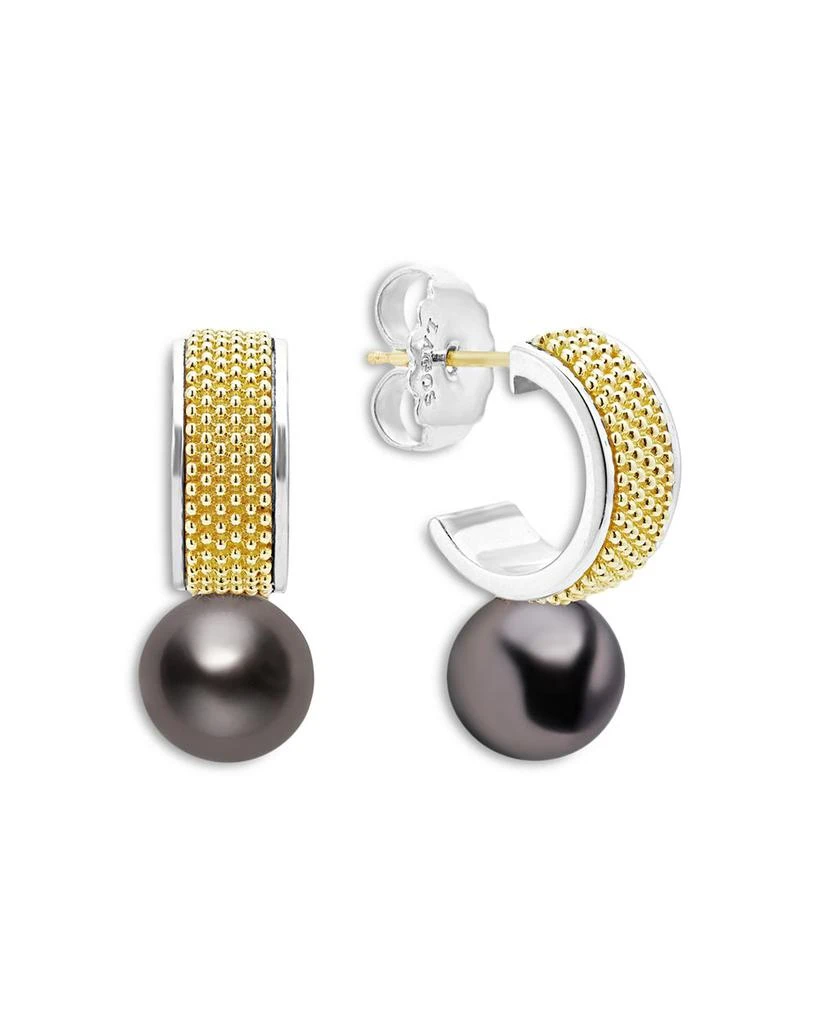 LAGOS 18K Yellow Gold & Sterling Silver Luna Black Tahitian Pearl Half Hoop Earrings 1