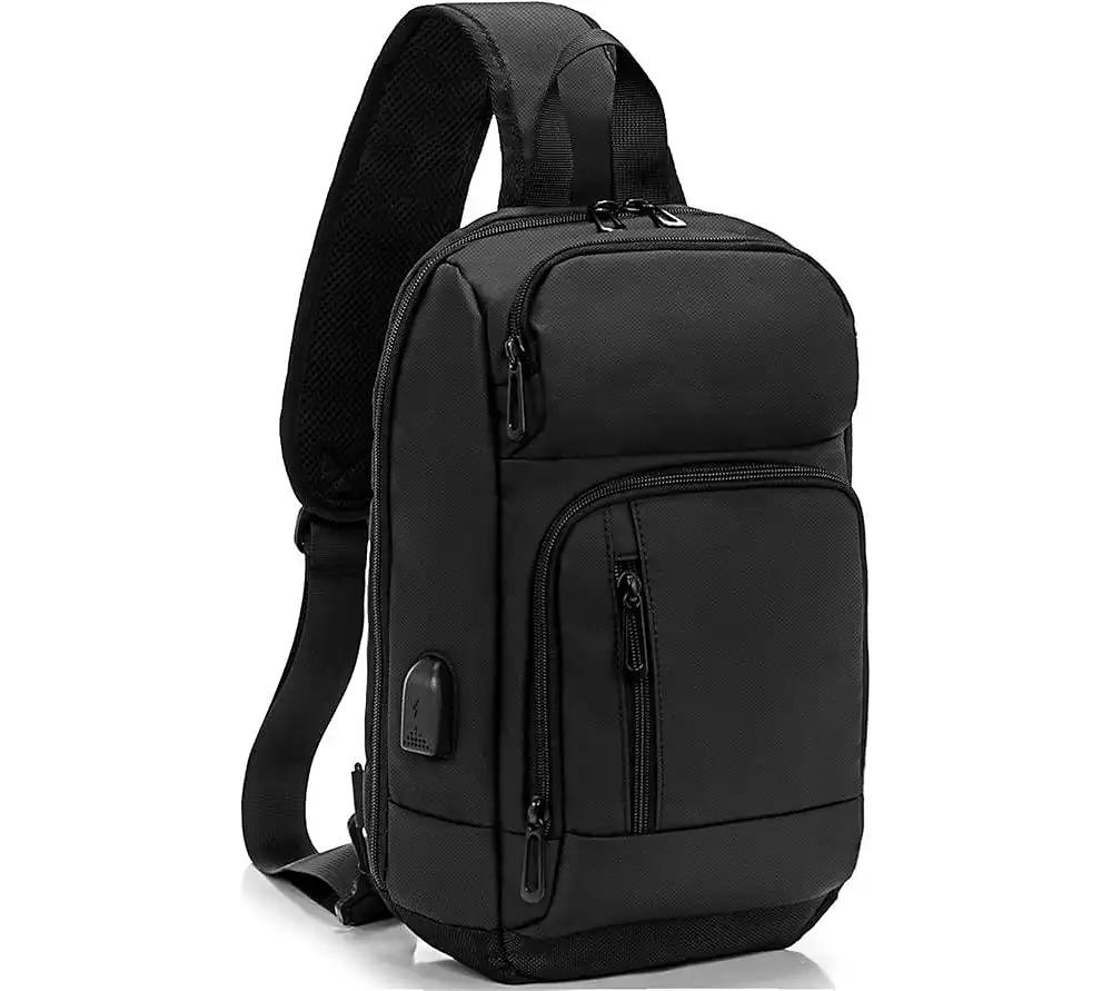 Wosofe 14 inch Sling Bag for Men,Black Crossbody Bag with USB Charging Port Fits 10.2inch iPad, Casual