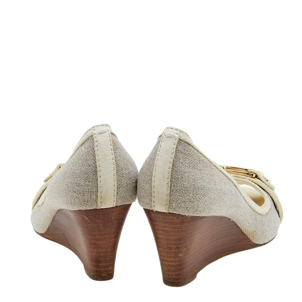 Tory Burch Tory Burch Grey/Cream Canvas And Leather Wedge Peep Toe Pumps Size 37.5 5