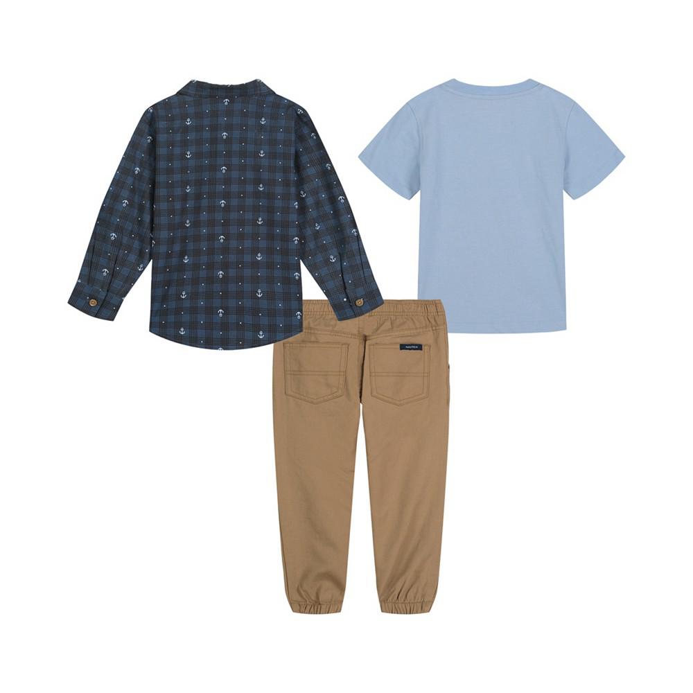 Nautica Baby Boys T-shirt, Long Sleeves Printed Poplin Shirt and Twill Joggers, 3 Piece Set