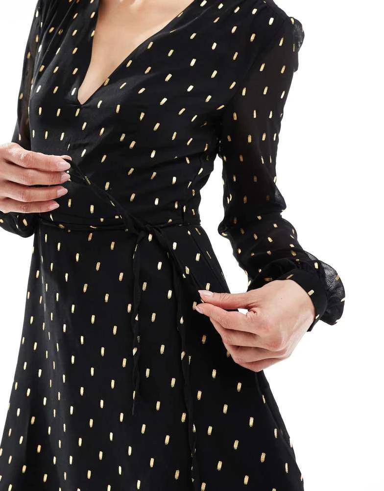 Glamorous Glamorous V-neck mini dress with waist tie in black gold spot 4