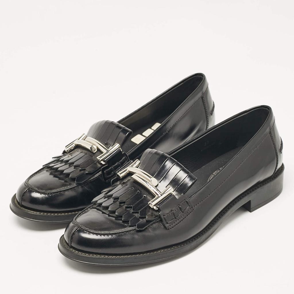 Tod's Tod's Black Leather Double T Fringed Loafers Size 37