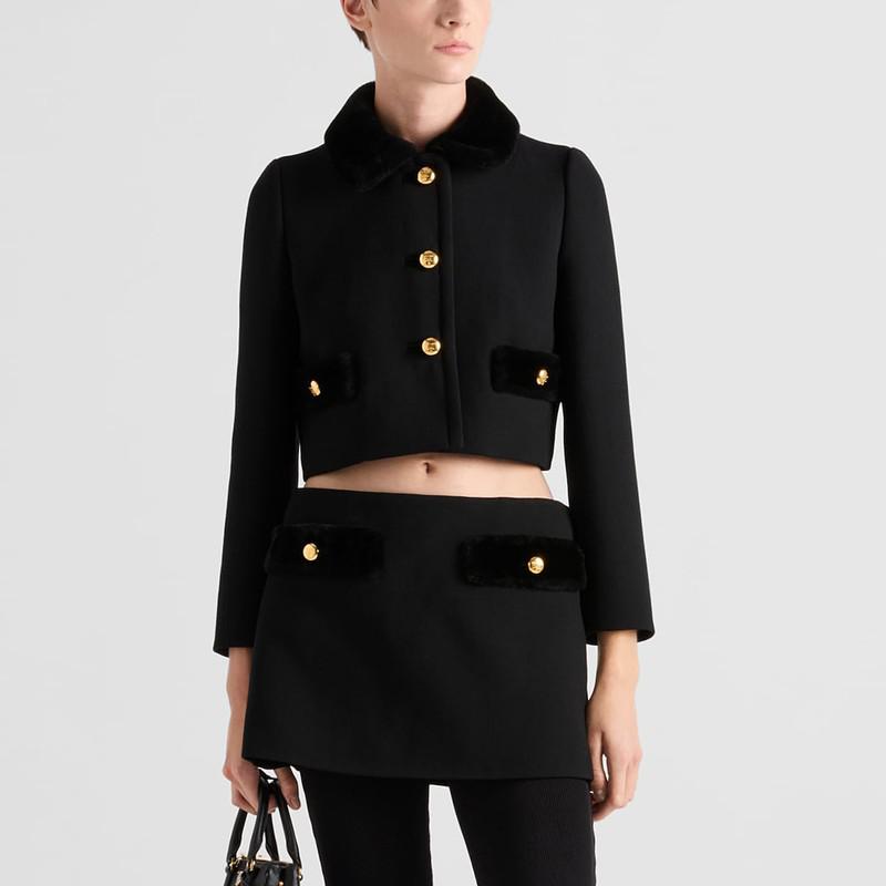 Prada Short black wool jacket with fur details