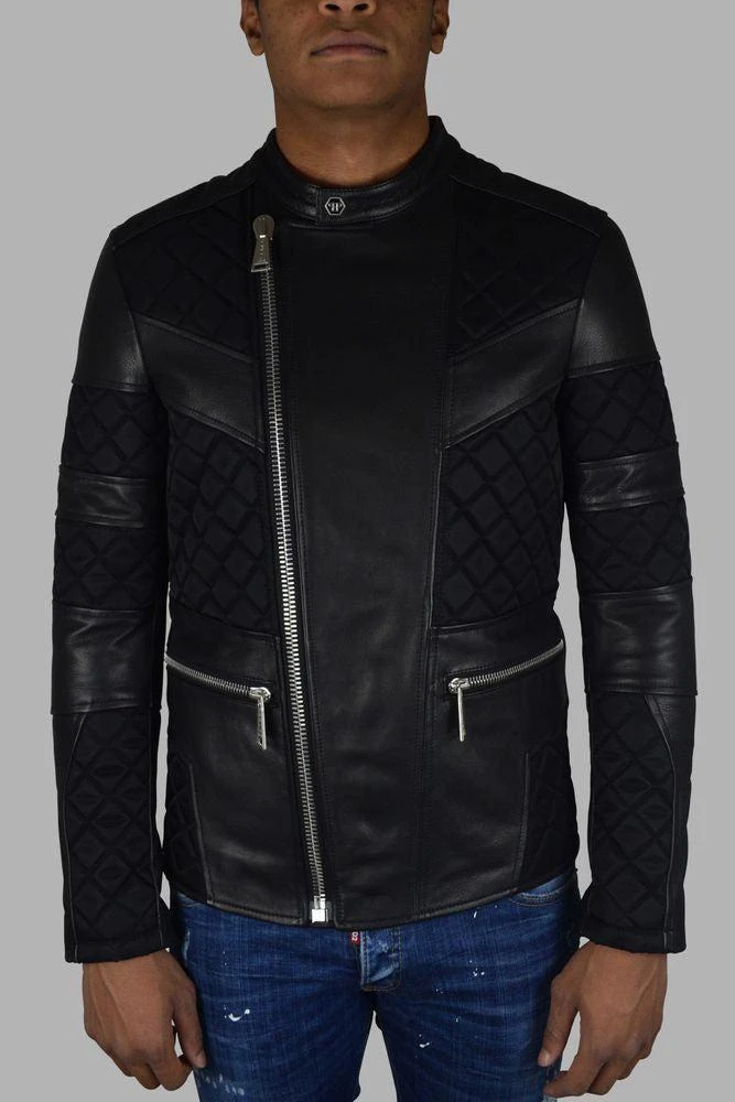 Philipp Plein Black Leather Biker Jacket With Quilted Panels 2