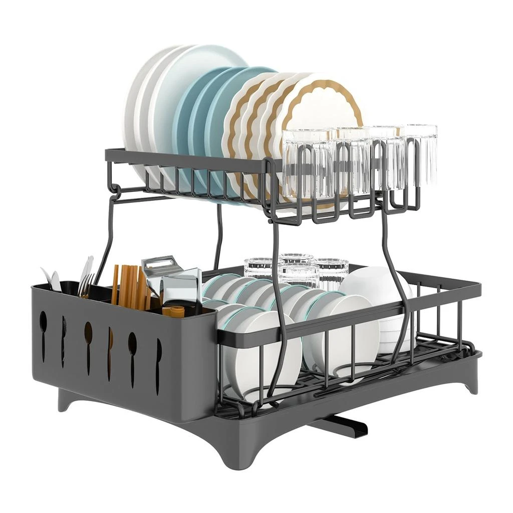 2-Tier Dish Drying Rack with Detachable Drainboard Utensil Holder – On ...
