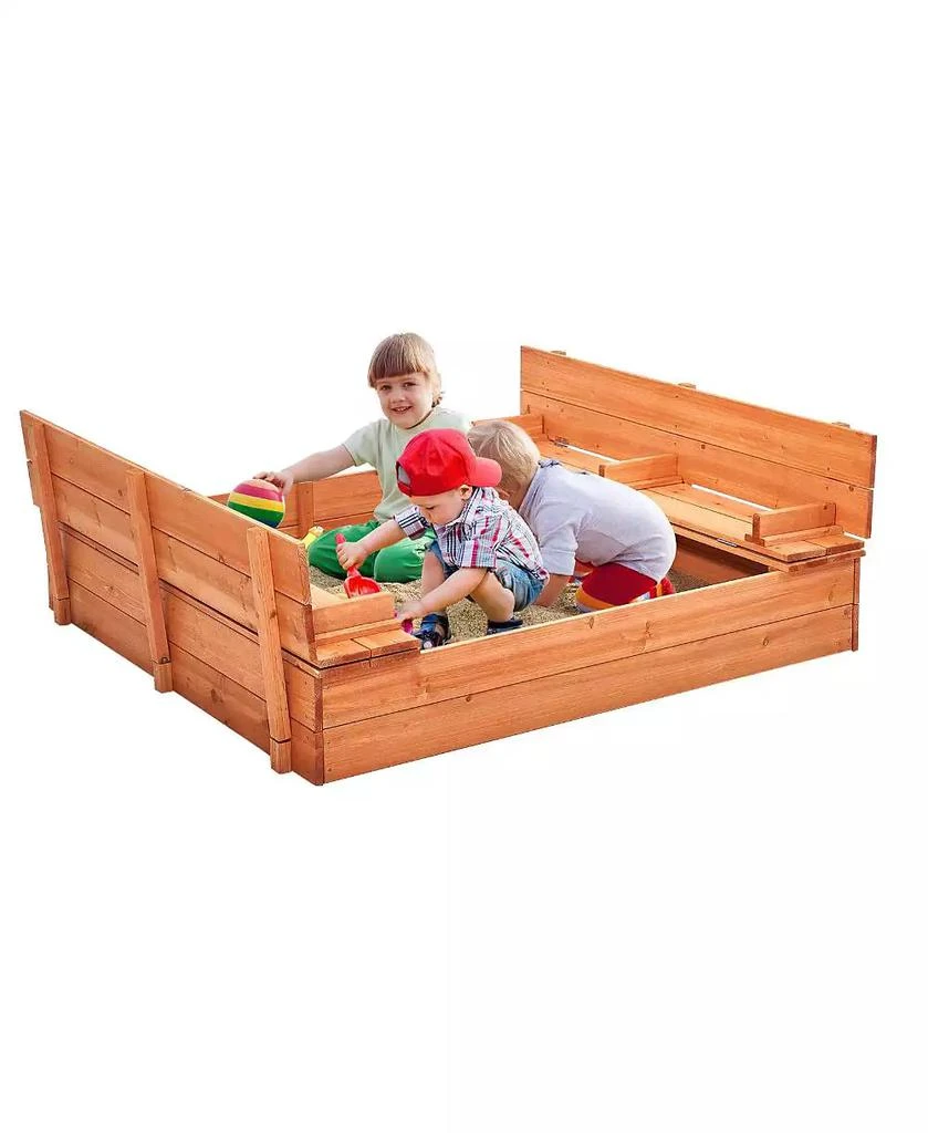 Slickblue Wooden Sandbox, 52.4 x 47.2 x 16.9 in Sand Box, Sand Pit with Foldable Bench Seats and Bottom Liner