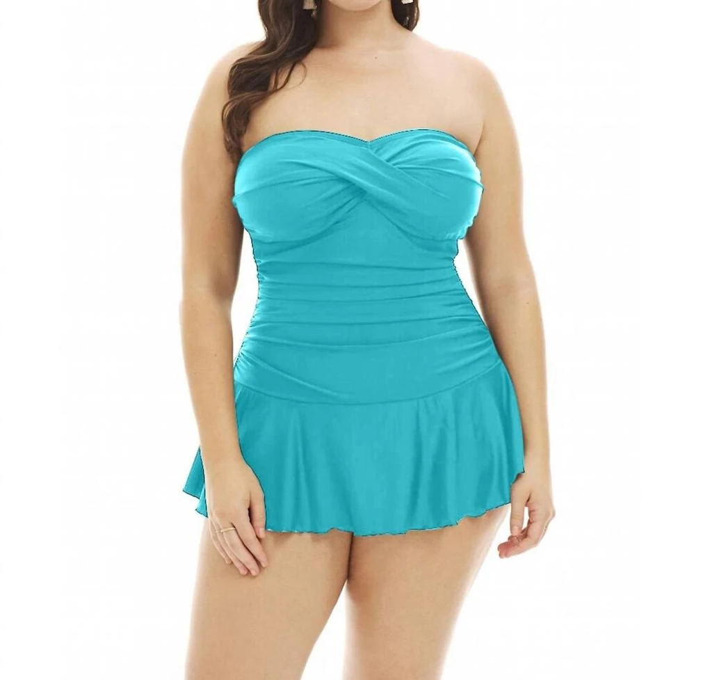 Always for Me Plus Size Twist Front Bandeau Strapless Shirred Swimdress In Peacock