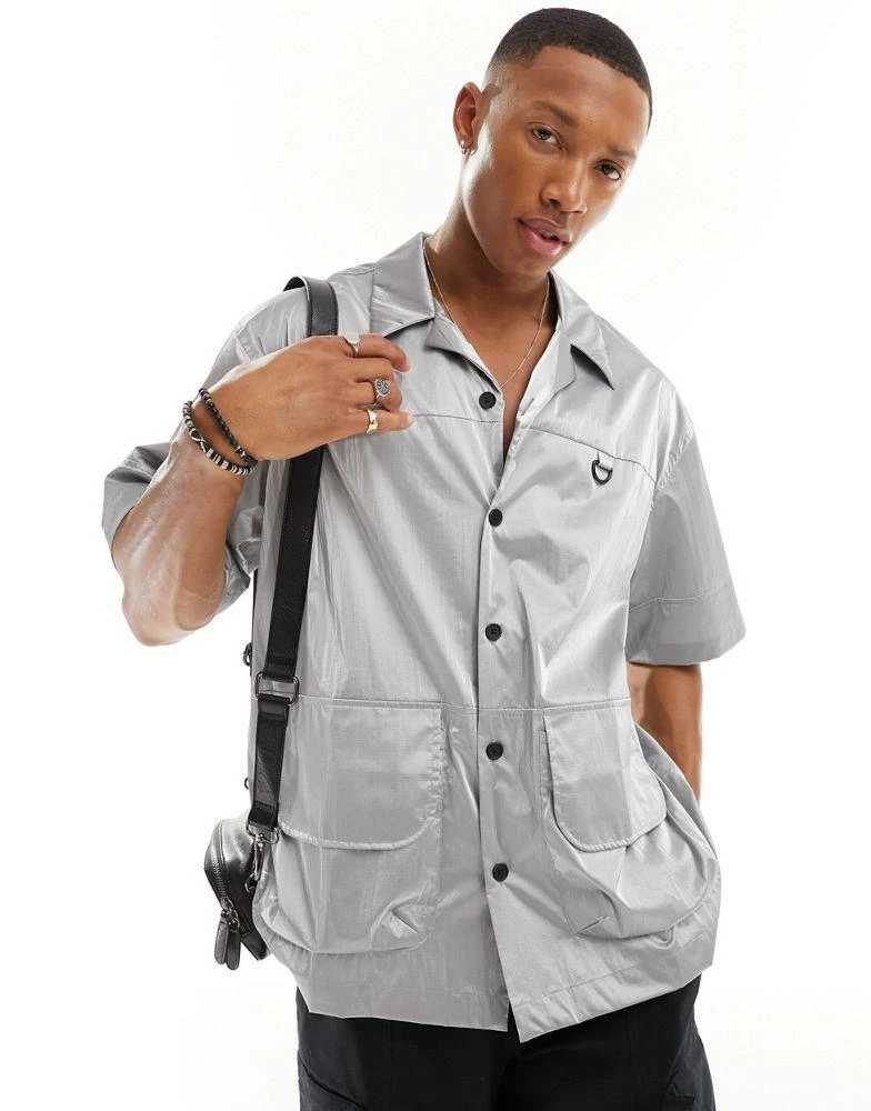 ASOS DESIGN boxy oversized shirt with d ring detail in silver