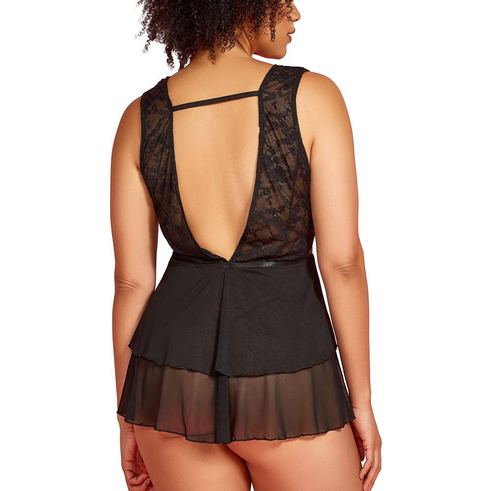 Hauty Plus Size Lace Plunge Neck Babydoll and Panty 2 Pc Lingerie Set