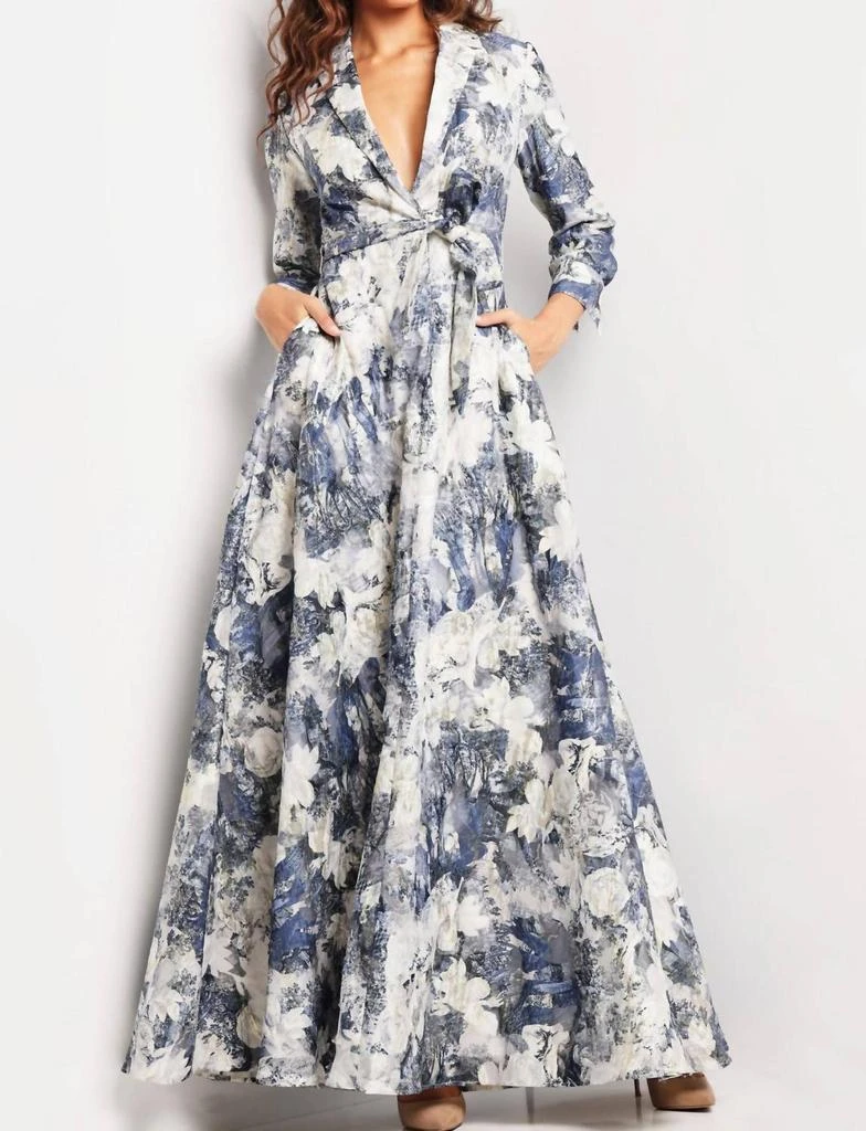 Jovani Jovani - Print Long Sleeve Vneck Gown 3