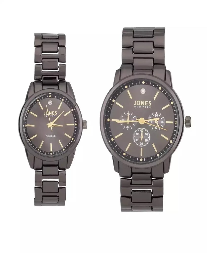 JONES NEW YORK Men and Women's Analog Shiny Black Metal Bracelet His Hers Watch 42mm, 32mm Gift Set 1