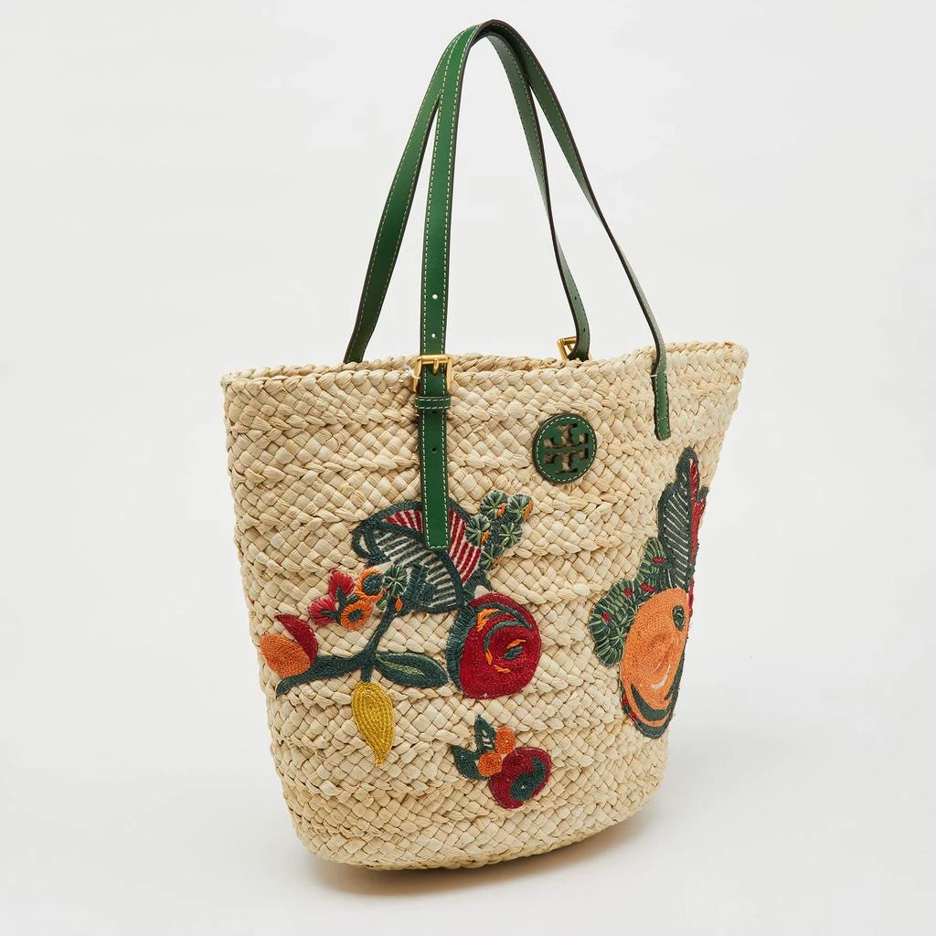 Tory Burch Tory Burch Beige/Green Woven Straw and Leather Embroidered Fruit Emerson Tote 3