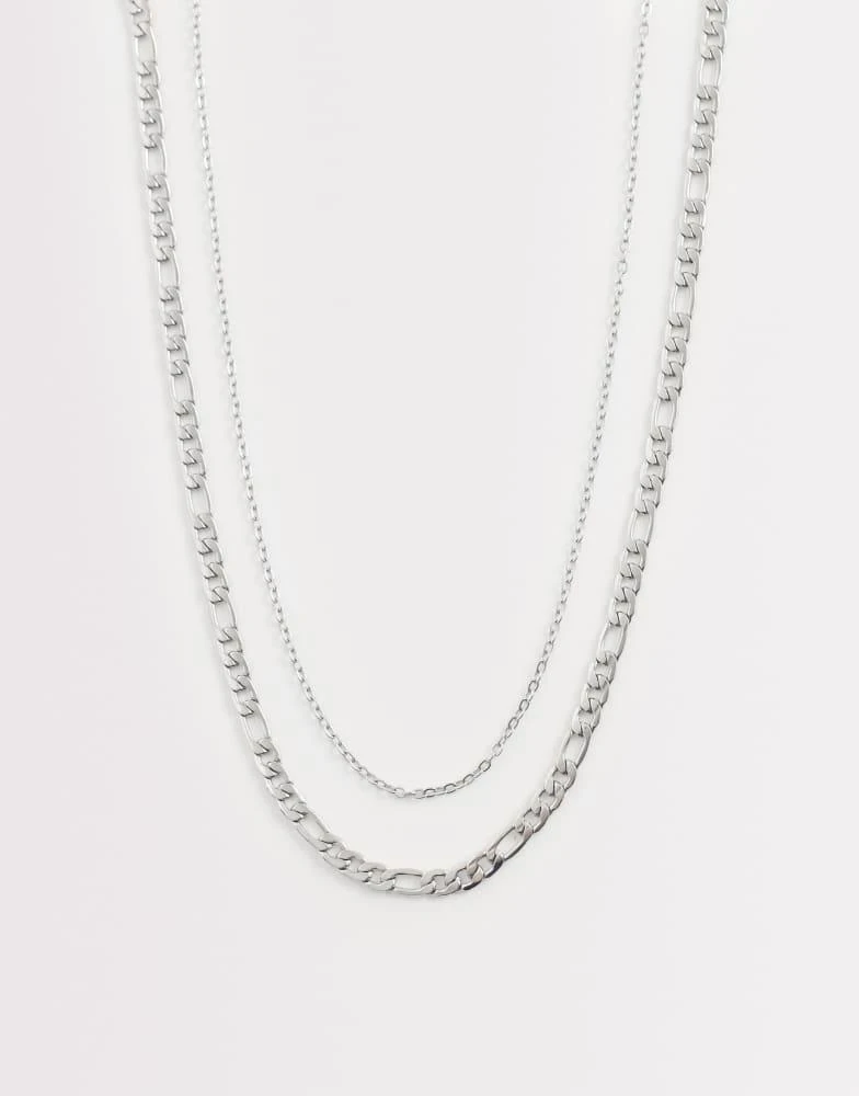 ASOS ASOS DESIGN waterproof stainless 2 pack link and figaro chain necklace in silver