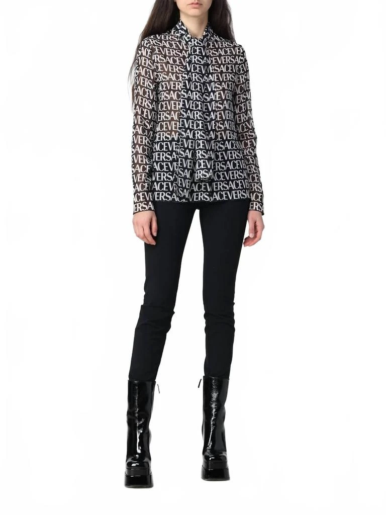 Versace All-Over Logo Bow Strap Silk Blouse In Black/white 5