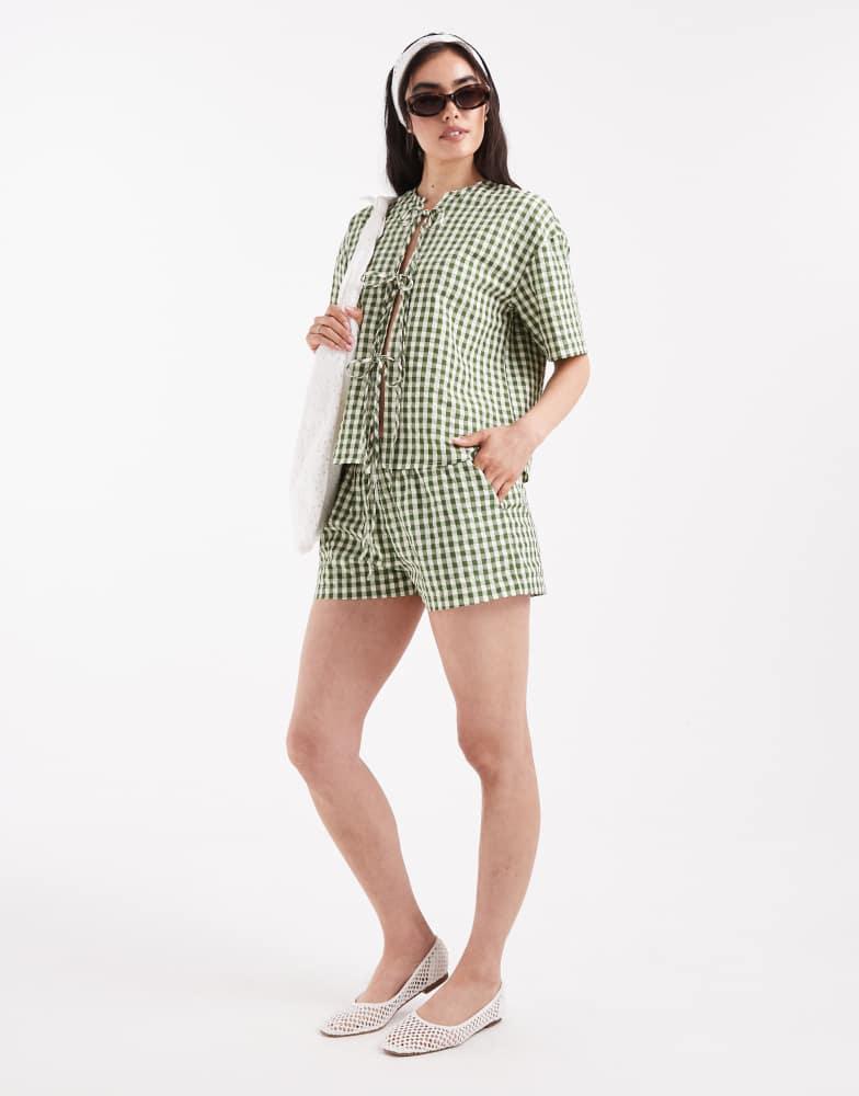 Daisy Street Daisy Street pull on boxer style shorts in green check co-ord