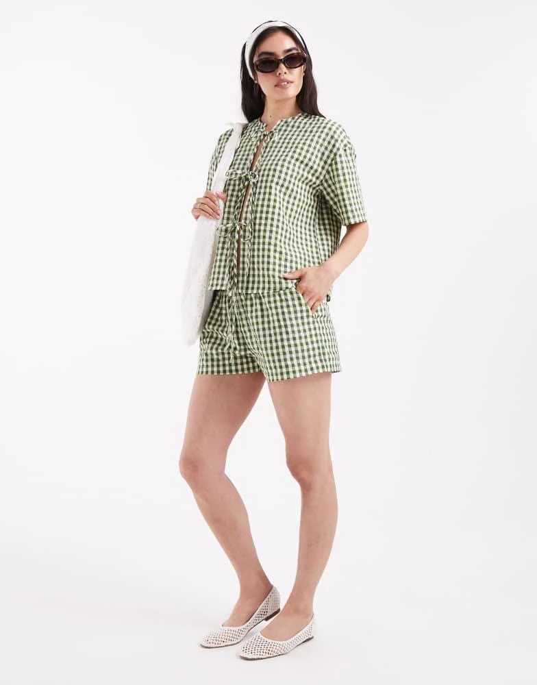 Daisy Street Daisy Street pull on boxer style shorts in green check co-ord 2