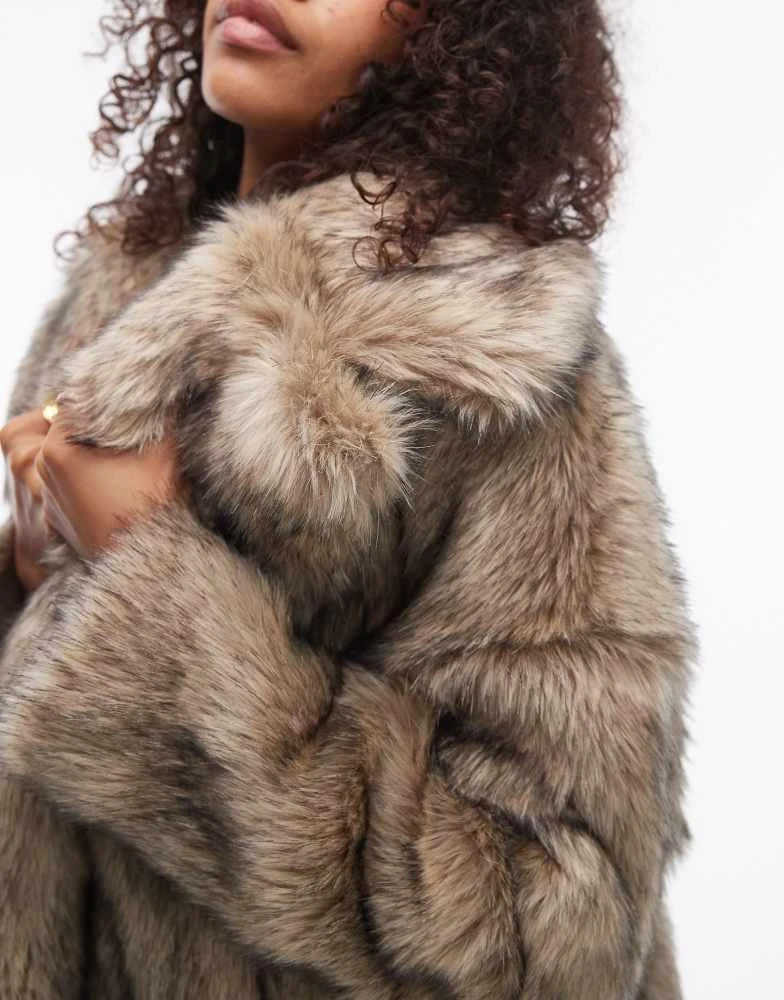 Topshop Topshop faux fur midi coat in light brown 3