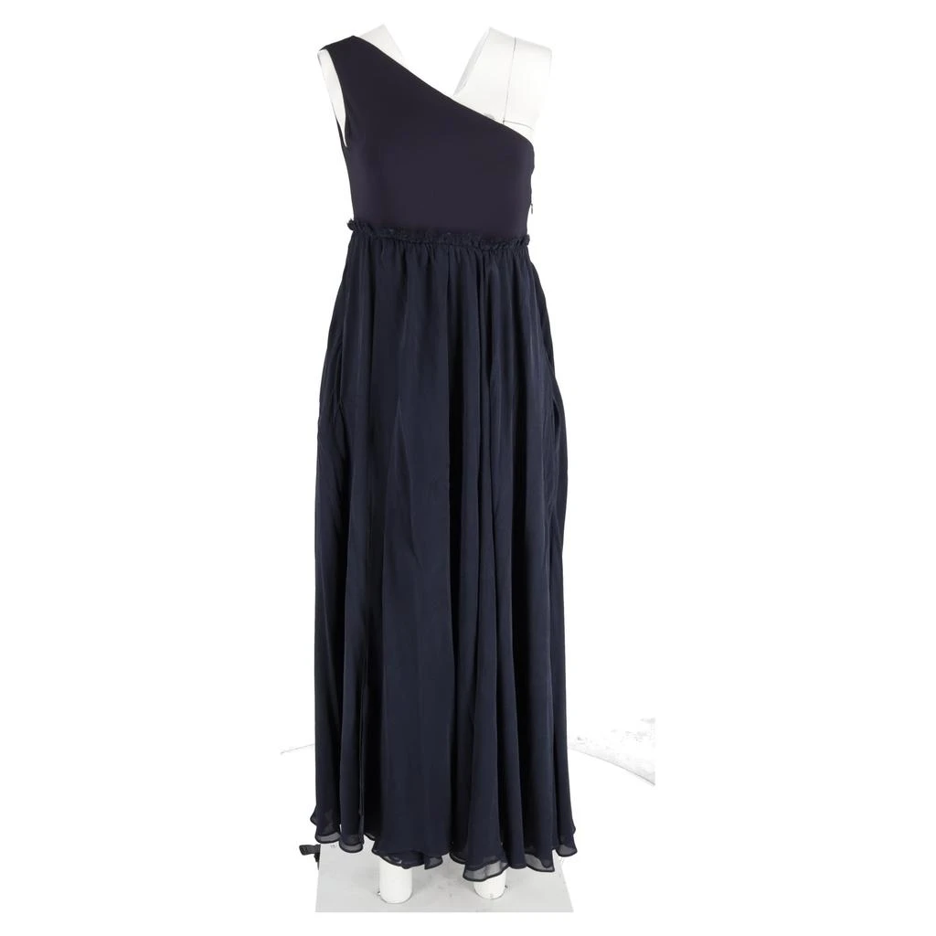 PIERRE BALMAIN Maxi One-Shoulder Sleeve Dress in Navy Blue Polyester and Cotton 4