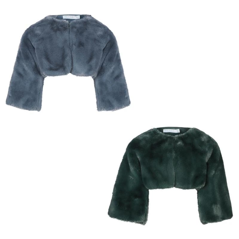 Abel & Lula Cropped faux fur jacket set in blue grey and green 1