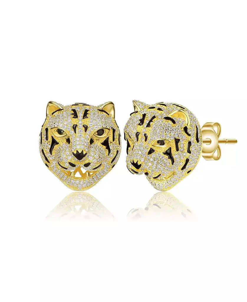 Genevive 14k Yellow Gold Plated with Cubic Zirconia Leopard Head Stud Earrings in Sterling Silver