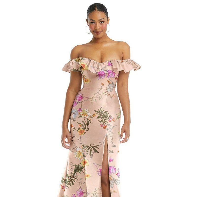Alfred Sung Off-The-Shoulder Ruffle Neck Floral Satin Trumpet Gown D836FP 1