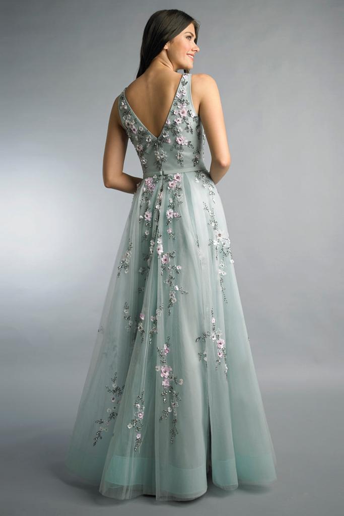 Basix Black Label Floral V Neck Evening Gown